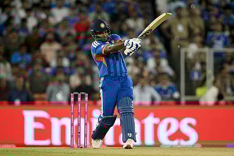 India's Sanju Samson plays a shot during the 2026 ICC Men's T20 Cricket World Cup final match between India and New Zealand at the Narendra Modi Stadium in Ahmedabad on March 8, 2026.