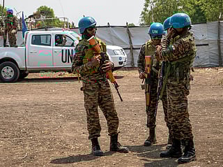 United Nations peacekeepers stand near an airstrip in Akobo, South Sudan, Saturday, Feb. 21, 2026. 