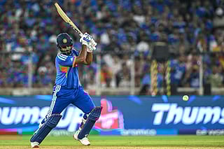 India's Sanju Samson plays a shot during the 2026 ICC Men's T20 Cricket World Cup final match between India and New Zealand at the Narendra Modi Stadium in Ahmedabad on March 8, 2026.