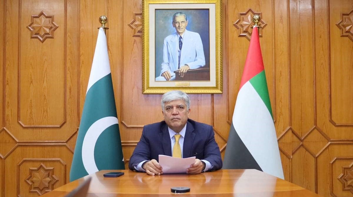 Screen grab of video of Pakistan Ambassador to UAE Shafqat Ali Khan addressing the Pakistani community in UAE 