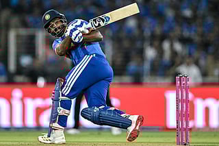 India's Sanju Samson plays a shot during the 2026 ICC Men's T20 Cricket World Cup final match between India and New Zealand at the Narendra Modi Stadium in Ahmedabad on March 8, 2026.