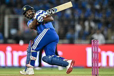 India's Sanju Samson plays a shot during the 2026 ICC Men's T20 Cricket World Cup final match between India and New Zealand at the Narendra Modi Stadium in Ahmedabad on March 8, 2026.