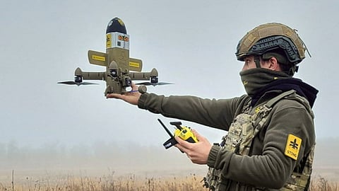 A Ukraine-developed "Sting" drone interceptor. The Pentagon has reportedly eyed Ukrainian anti-drone weapons to counter Iran's Shahed swarm attacks. The Sting is part of a broader strategy by Ukraine to use interceptors to conserve expensive air defence missiles.