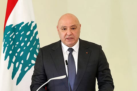 This handout photograph released by the Lebanese Presidency Press Office shows Lebanon's President Joseph Aoun giving a joint-press conference with Germany's president at the Presidential Palace in Baabda, east of Beirut, on February 16, 2026.