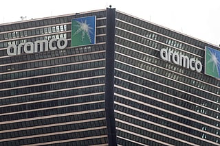 A view of the logo on the Aramco headquarter, the national Saudi Arabian Oil Company, towers in the King Abdullah Financial District of Riyadh on March 9, 2026.