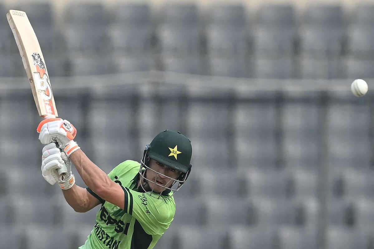 Pakistan's Maaz Sadaqat plays a shot during the first one-day international (ODI) cricket match between Bangladesh and Pakistan at Sher-e-Bangla National Stadium in Mirpur on March 11, 2026.