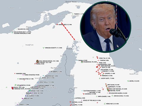 A geotagged map showing the absence of tanker traffic on the Strait of Hormuz with US President Donald Trump (inset). On March 9, the US leader addressed concerns about global oil supply disruptions through the narrow strait, warning Iran against further interference and outlining measures to stabilise energy prices, such as offering political risk insurance for tankers, releasing strategic petroleum reserves and temporarily waiving certain oil-related sanctions. 
