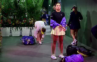 Alexandra Eala of the Philippines and Linda Noskova of Czechia wait in the players tunnel before walking out onto court for their fourth round match of the BNP Paribas Open at Indian Wells Tennis Garden on March 10, 2026 in Indian Wells, California.