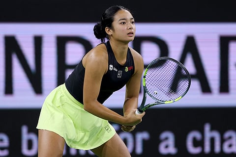 Alexandra Eala of the Philippines plays Linda Noskova of Czechia during Day 7 of the BNP Paribas Open at the Indian Wells Tennis Garden on March 10, 2026 in Indian Wells, California.