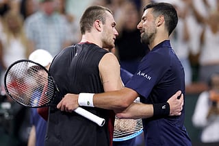 Jack Draper of Great Britain is congratulated by Novak Djokovic of Serbia after their match during Day 8 of the BNP Paribas Open at the Indian Wells Tennis Garden on March 11, 2026 in Indian Wells, California.
