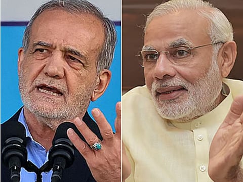 Indian PM Narendra Modi (right) and Iranian President Masoud Pezeshkian.
