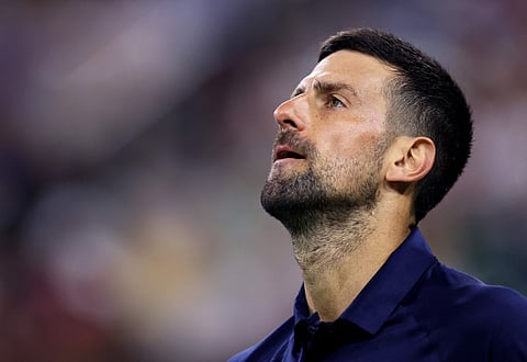 Novak Djokovic of Serbia shows his dejection against Jack Draper of Great Britain in their fourth round match of the BNP Paribas Open at Indian Wells Tennis Garden on March 11, 2026 in Indian Wells, California.