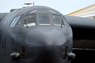 A US Air Force B-52 Stratofortress bomber lands at RAF Fairford in south-west England on March 13, 2026.