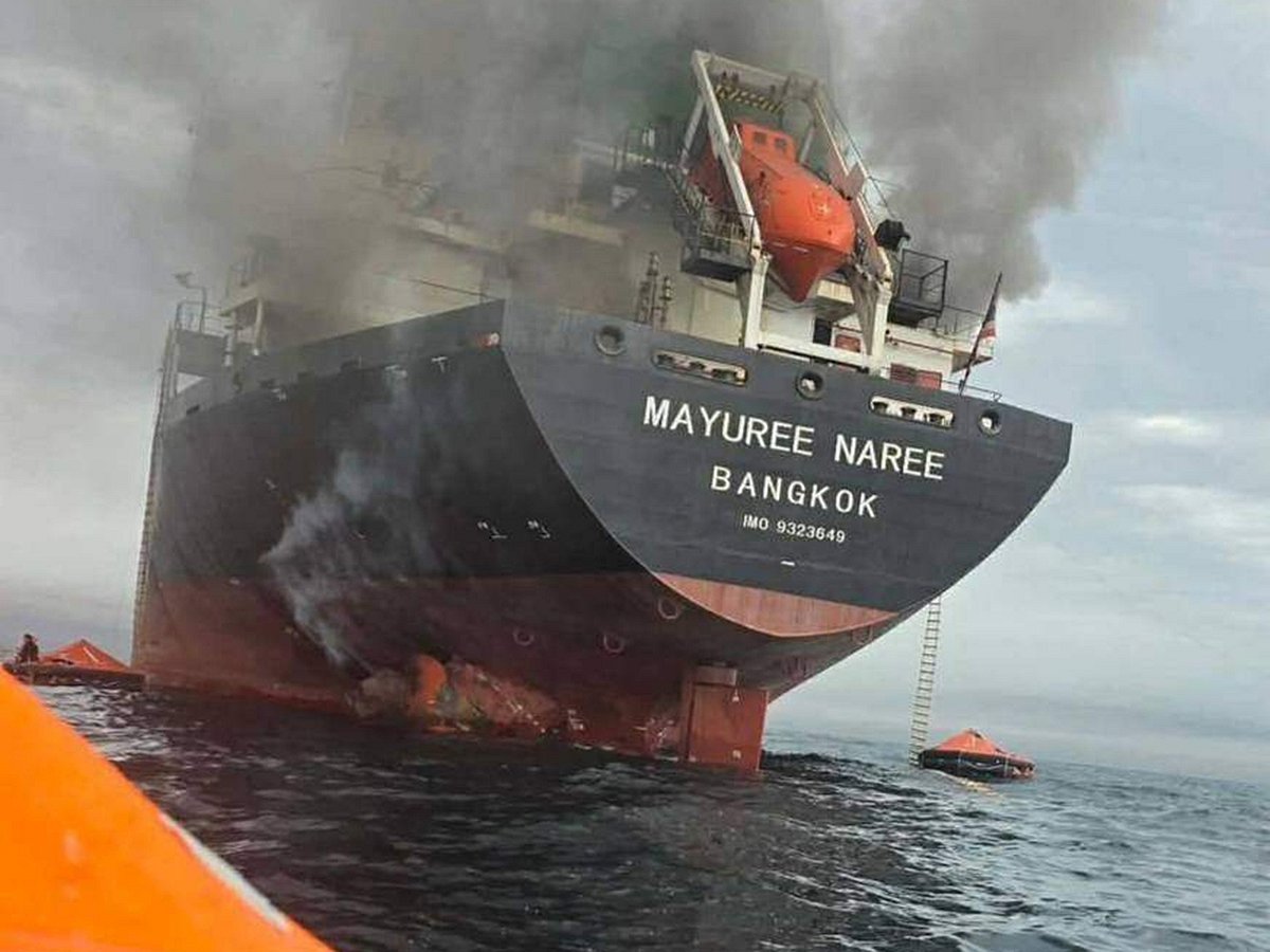 This image shows Thai cargo ship, Mayuree Naree, that was struck and set ablaze in the Strait of Hormuz on Wednesday, March 11, 2026. 