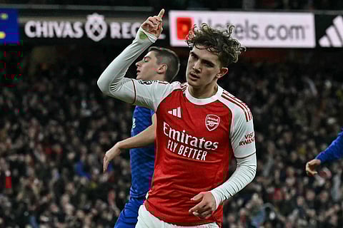 Arsenal's English midfielder #56 Max Dowman celebrates scoring their late second goal during the English Premier League football match between Arsenal and Everton at the Emirates Stadium in London on March 14, 2026.