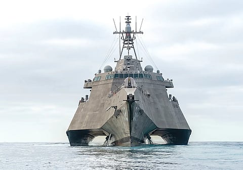 The USS Santa Barbara littoral combat ship (LCS), a fast, agile, shallow-draft warship designed for near-shore, or littoral, operations, with capabilities for open-ocean missions. It uses interchangeable mission packages for surface warfare, anti-submarine warfare, and mine countermeasures. Two variants exist: the Freedom-class monohull and Independence-class trimaran.