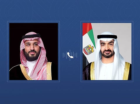 President His Highness Sheikh Mohamed bin Zayed Al Nahyan (right) and Prince Mohammed bin Salman bin Abdulaziz Al Saud, Crown Prince and Prime Minister of Saudi Arabia.