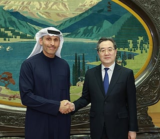 Khaldoon Khalifa Al Mubarak, Presidential Special Envoy to China, Chairman of the Executive Affairs Authority, with Ding Xuexiang, Member of the Standing Committee of the Political Bureau of the Communist Party of China Central Committee, Vice Premier of the State Council, and Co-Chair of the UAE-China High-Level Joint Investment Cooperation Committee in Beijing, China.