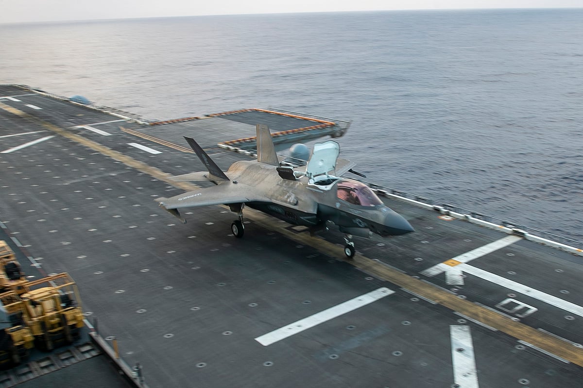 An F-35B launches from a ship. The deployment of the USS Tripoli (LHA 7) and the 31st MEU forms part of the "Peace Through Strength," bringing 2,200 elite Marines and F-35B stealth power to the doorstep of the IRGC.
