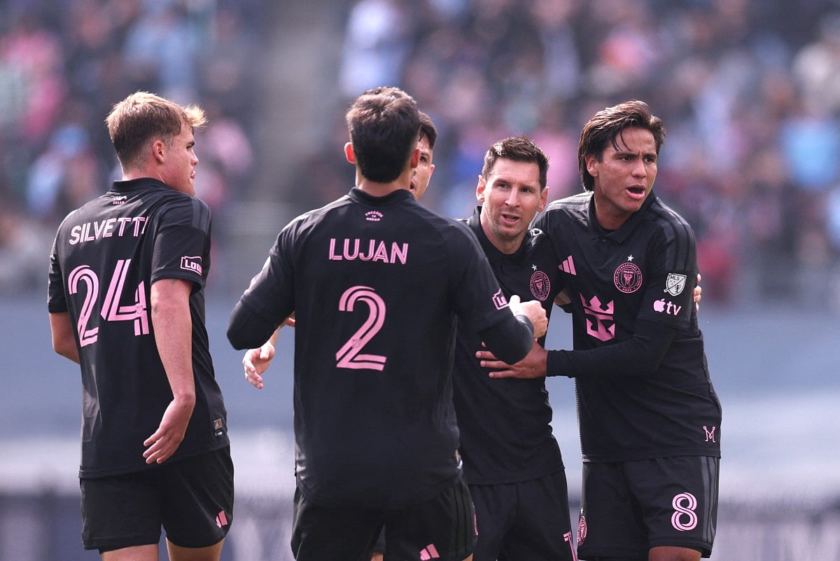 Lionel Messi #10 of Inter Miami CF celebrates with teammates after scoring the team's second goal during the MLS match between New York City FC and Inter Miami CF at Yankee Stadium on March 22, 2026 in New York, New York.
