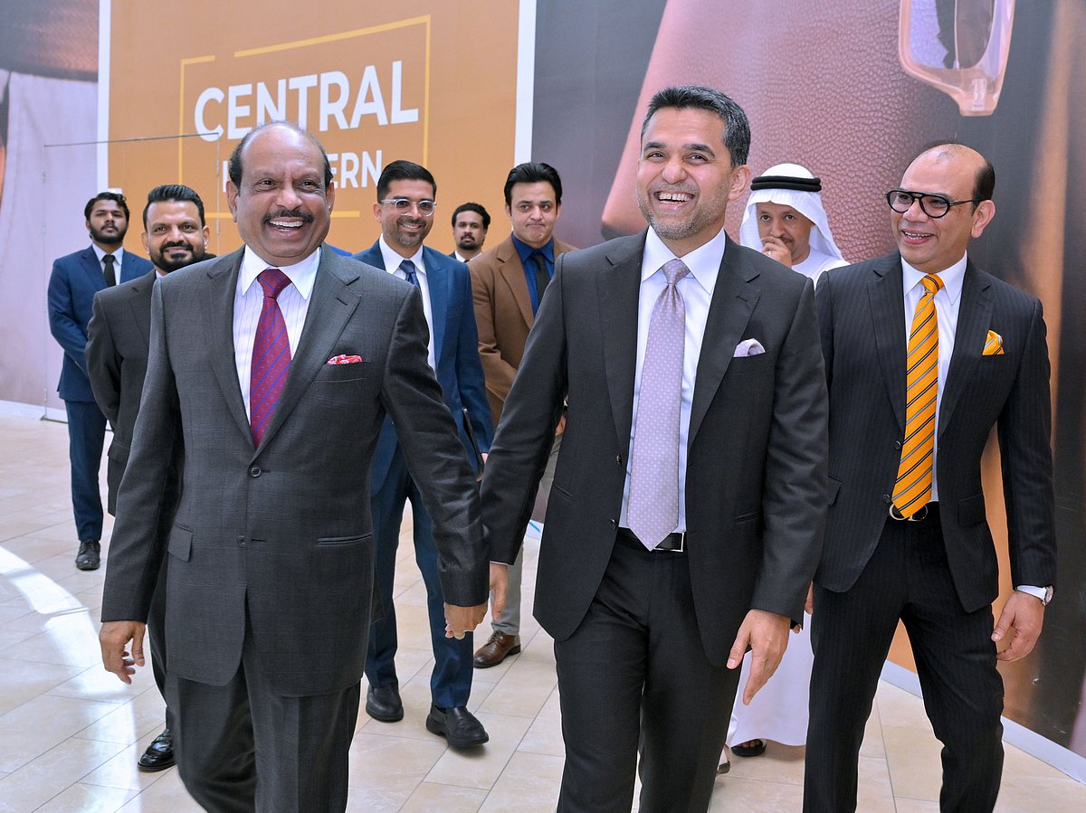 Yusuff Ali MA, Dr Shamsheer Vayalil and other senior executives arrive for the inaugural ceremony on Sunday. 