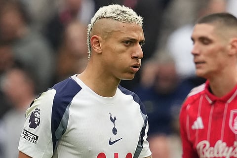 Tottenham Hotspur's Brazilian striker #09 Richarlison reacts during the English Premier League football match between Tottenham Hotspur and Nottingham Forest at the Tottenham Hotspur Stadium in London, on March 22, 2026.
