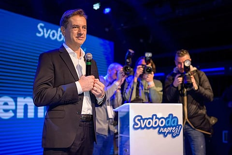 Slovenia’s Prime Minister Robert Golob addresses supporters of Gibanje Svoboda (The Freedom Movement) after election results are released in Ljubljana, Slovenia on Sunday.