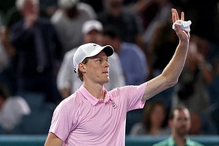 Jannik Sinner of Italy celebrates his win against Corentin Moutet of France on Day 7 of the Miami Open Presented by Itau at Hard Rock Stadium on March 23, 2026 in Miami Gardens, Florida.