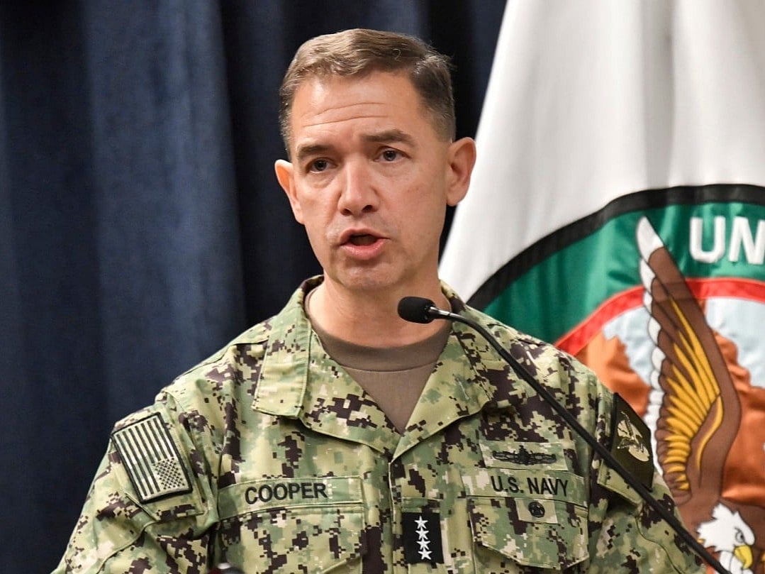 Admiral Charles Bradford "Brad" Cooper II, Commander of US Central Command speaks during a press conference at MacDill Air Force Base in Tampa, Florida. File photo taken on March 5, 2026.