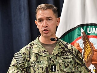 Admiral Charles Bradford "Brad" Cooper II, Commander of US Central Command speaks during a press conference at MacDill Air Force Base in Tampa, Florida. File photo taken on March 5, 2026.