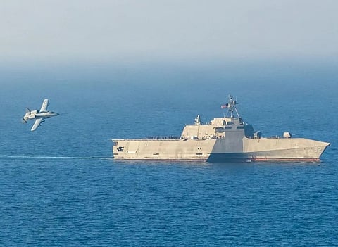 The Littoral Combat Ship (LCS) USS Santa Barbara is in the Arabian Gulf conducting mine countermeasures with unmanned surface vehicles. While hunting mines, she's operating under armed overwatch from A-10C Warthogs loaded with JDAMs, laser-guided APKWS rockets, and enough firepower to shred any fast boat or drone swarm the Islamic Regime throws at them. 