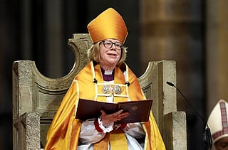 Archbishop of Canterbury Sarah Mullally speaks during her installation ceremony at Canterbury Cathedral, south-east England on March 25, 2026.