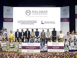 Piyush Goyal - India Union Minister of Commerce and Industry, M P Ahammad – Chairman, Malabar Group, Asher O - Managing Director - India Operations, Malabar Gold & Diamonds, Kirit Bhansali – Chairman GJEPC at the unveiling of Malabar Gold & Diamonds' CSR initiative for FY 2026 -27 along with other respected dignitaries and scholarship recipients.