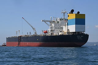The Sierra Leone-flagged Sara Sky, which is carrying crude oil from Russia, is seen anchored at Limay port, Bataan province on March 26, 2026.