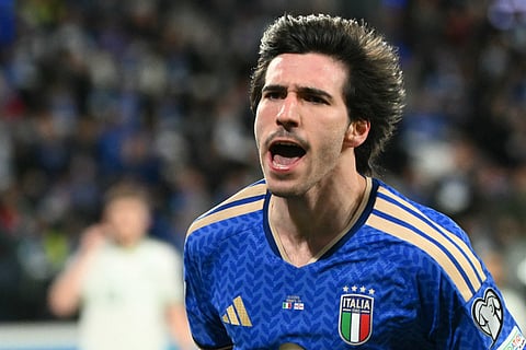 Italy's midfielder #08 Sandro Tonali celebrates scoring his team's first goal during the play-off FIFA World Cup 2026 European qualification semi-final football match between Italy and North Ireland at the Gewiss stadium in Bergamo, on March 26, 2026.