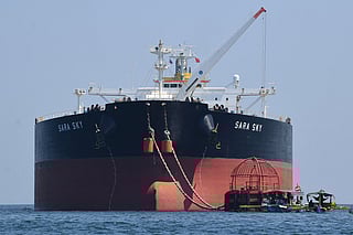 The Sierra Leone-flagged Sara Sky, which is carrying crude oil from Russia, is seen anchored at Limay port, Bataan province on March 26, 2026.