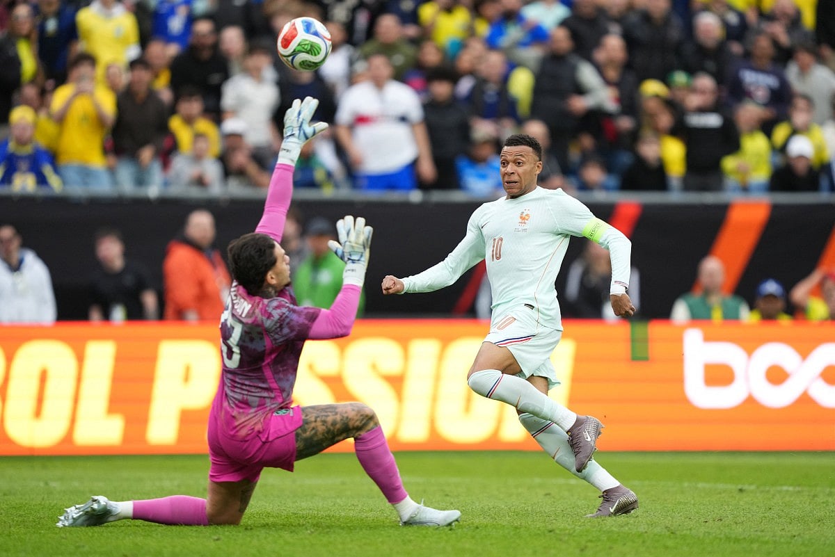 Kylian Mbappe of France scores the team's first goal during the international friendly match between Brazil and France at Gillette Stadium on March 26, 2026 in Foxborough, Massachusetts.