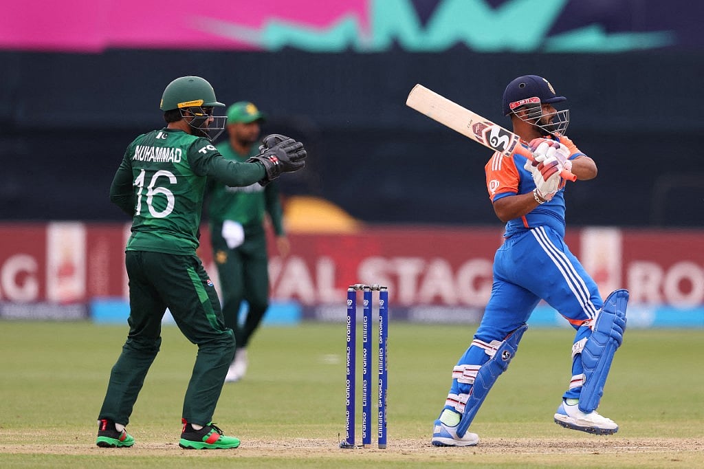 Rishabh Pant of India plays a shot during the ICC Men's T20 Cricket World Cup West Indies & USA 2024 match between India and Pakistan at Nassau County International Cricket Stadium on June 09, 2024 in New York, New York.