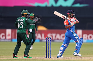 Rishabh Pant of India plays a shot during the ICC Men's T20 Cricket World Cup West Indies & USA 2024 match between India and Pakistan at Nassau County International Cricket Stadium on June 09, 2024 in New York, New York.