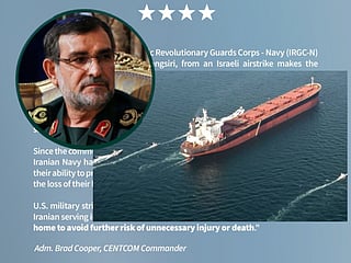 A handout photo released by Iran’s Revolutionary Guards Corps (IRGC)’s official website Sepanews on February 17, 2026, shows boats manoeuvering around a tanker vessel during a military exercise by members of the IRGC and navy in the Strait of Hormuz. Inset, Admiral Alireza Tangsiri.