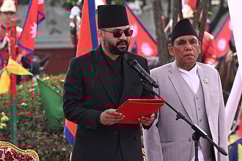 Rastriya Swatantra Party (RSP) leader Balendra Shah takes oath as prime minister during a swearing-in ceremony in Kathmandu on March 27, 2026.