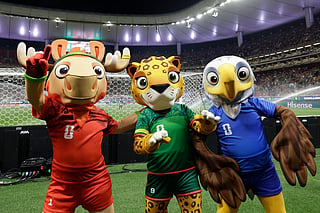 Mascots of the World Cup Maple the Moose (L), Zayu the Jaguar (C) and Clutch the Bald Eagle pose for a picture during the 2026 FIFA World Cup qualifiers semi-final playoff football match between New Caledonia and Jamaica at the Akron Stadium in Zapopan, Mexico on March 26, 2026.
