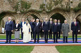 Ukraine’s Foreign Affairs Minister Andrii Sybiha, EU High Representative and Vice-President for Foreign Affairs and Security Policy Kaja Kallas, Britain's Foreign Secretary Yvette Cooper, Saudi Arabia's Foreign Minister Faisal bin Farhan, Germany's Foreign Minister Johann Wadephul, Italy's Foreign Minister Antonio Tajani, Canada's Foreign Minister Anita Anand, France's Foreign Affairs Minister Jean-Noel Barrot, South Korea's Foreign Minister Cho Hyun, India’s Foreign Minister Subrahmanyam Jaishankar, Japan’s Foreign Minister Toshimitsu Motegi, Brazil’s Foreign Minister Mauro Vieira and US Secretary of State Marco Rubio pose for a family picture during a G7 Foreign Ministers' meeting with Partner Countries for talks at the Vaux-de-Cernay Abbey in Cernay-la-Ville outside Paris, on March 27, 2026.