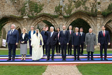 Ukraine’s Foreign Affairs Minister Andrii Sybiha, EU High Representative and Vice-President for Foreign Affairs and Security Policy Kaja Kallas, Britain's Foreign Secretary Yvette Cooper, Saudi Arabia's Foreign Minister Faisal bin Farhan, Germany's Foreign Minister Johann Wadephul, Italy's Foreign Minister Antonio Tajani, Canada's Foreign Minister Anita Anand, France's Foreign Affairs Minister Jean-Noel Barrot, South Korea's Foreign Minister Cho Hyun, India’s Foreign Minister Subrahmanyam Jaishankar, Japan’s Foreign Minister Toshimitsu Motegi, Brazil’s Foreign Minister Mauro Vieira and US Secretary of State Marco Rubio pose for a family picture during a G7 Foreign Ministers' meeting with Partner Countries for talks at the Vaux-de-Cernay Abbey in Cernay-la-Ville outside Paris, on March 27, 2026.