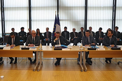 France's Economy and Finance Minister Roland Lescure (2ndL) and France's Prime Minister Sebastien Lecornu (C) chair a ministerial meeting to discuss public finances at the Economy ministry in Paris on March 27, 2026.