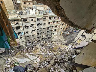 Damaged buildings following Israeli airstrikes in the Haret Hreik neighbourhood of Beirut’s southern suburbs, on March 28, 2026.