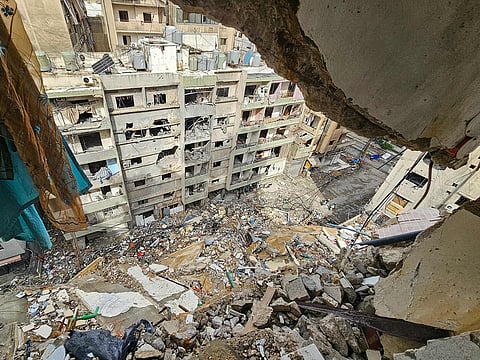 Damaged buildings following Israeli airstrikes in the Haret Hreik neighbourhood of Beirut’s southern suburbs, on March 28, 2026.