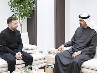 UAE President His Highness Sheikh Mohamed bin Zayed Al Nahyan with Volodymyr Zelenskyy, President of Ukraine, in Abu Dhabi on Saturday.