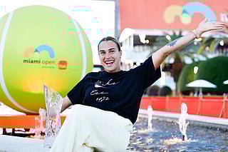 Aryna Sabalenka poses with the Butch Buchholz trophy after defeating Coco Gauff of the United States during the Women's Singles Final on Day 12 of the Miami Open Presented by Itau at Hard Rock Stadium on March 28, 2026 in Miami Gardens, Florida.