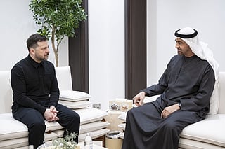 UAE President His Highness Sheikh Mohamed bin Zayed Al Nahyan meets with Volodymyr Zelenskyy, President of Ukraine.
